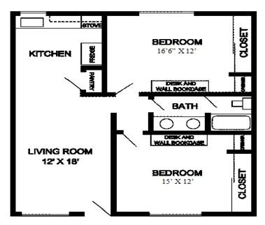 Floor plan for 2 beds, 1 bath, 900 sqft